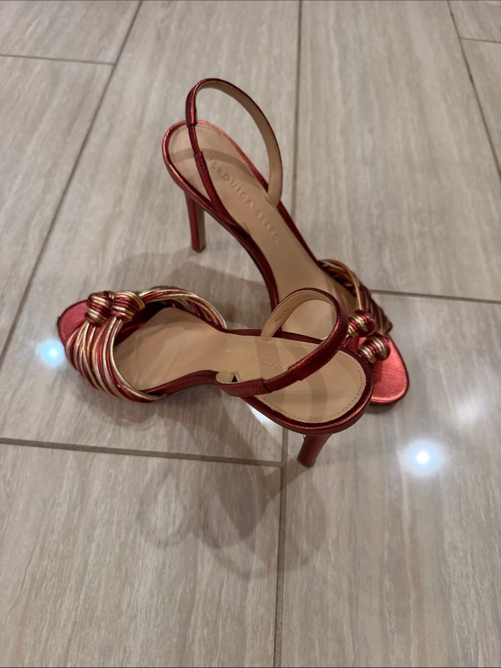 Veronica Beard Metallic Red & Gold Knotted Strap Heels - Picture 12 of 13